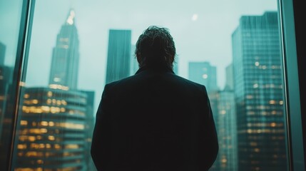 A person stands alone by a window, gazing at an illuminated city skyline, conveying solitude, contemplation, and urban life under a blue-toned setting.