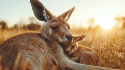 Fototapeta premium A mother kangaroo rests with her joey in the open field as the sun sets, bathing the landscape in a gentle, golden glow and depicting a scene of pure maternal love.