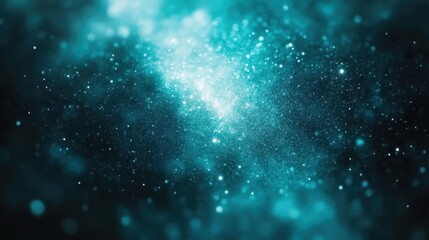 A beautiful teal cosmic scene filled with glistening particles, representing the vastness of the universe and capturing a sense of wonder and tranquility.