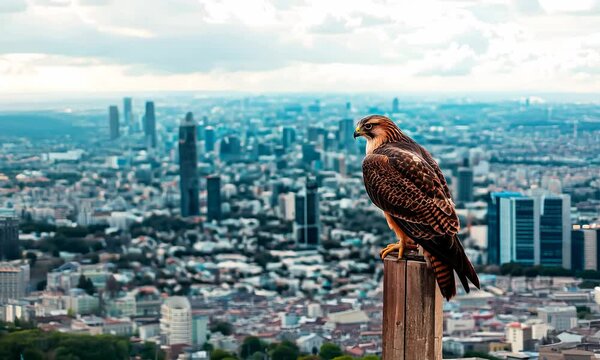A stunning hawk perched on a post, surveying the sprawling urban landscape below. The image captures the contrast between nature and modern city life.