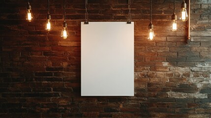 A minimalist interior design featuring a blank canvas hanging on a rustic brick wall, illuminated by hanging Edison-style light bulbs for a cozy atmosphere.