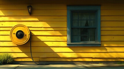 A yellow house exterior with a window and a round fixture.