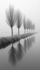 Fototapeta premium A row of bare trees stand tall against a foggy, ethereal backdrop. Their reflections create a mesmerizing mirrored image in the still water.