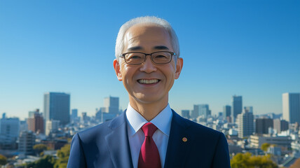 青空の下で微笑む中年ビジネスマン