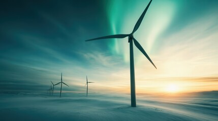A series of wind turbines rise from a snowy landscape under a stunning aurora display, signifying harmony between technological progress and Earth's natural wonders.