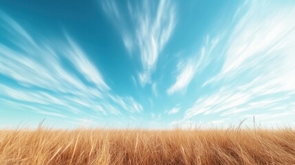 A breathtaking landscape featuring a vast golden field stretching into the horizon under a striking blue sky adorned with wispy clouds, evoking freedom and nature's beauty.