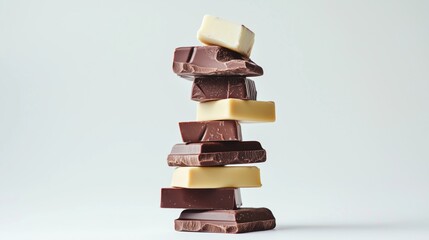 Stacked chocolate pieces in dark, milk, and white varieties, showcasing a delightful assortment of textures and colors.