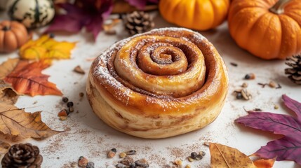Cinnamon roll surrounded by autumn leaves, small pumpkins, and pine cones, creating a cozy fall atmosphere.