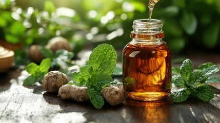 Bottle of herbal oil surrounded by fresh mint leaves.