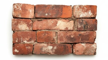 Obraz premium A close-up image of weathered red bricks stacked in rows against a plain white background, showcasing their rustic texture and varying colors with visible mortar.