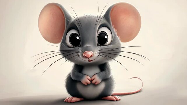 A cute, cartoon mouse with large eyes sits on a white background