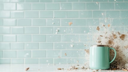 A blue kettle surrounded by an explosion of flour set against teal subway tiles, capturing the essence of dynamic energy and culinary creativity.