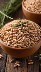 Freshly harvested grains in a wooden bowl with herbs on a rustic table setting in natural lighting