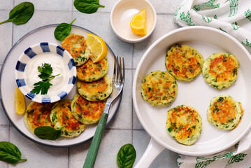 Cheese pancakes with mozzarella, spinach and yogurt-garlic sauce..top veiw