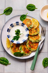 Cheese pancakes with mozzarella, spinach and yogurt-garlic sauce..top veiw