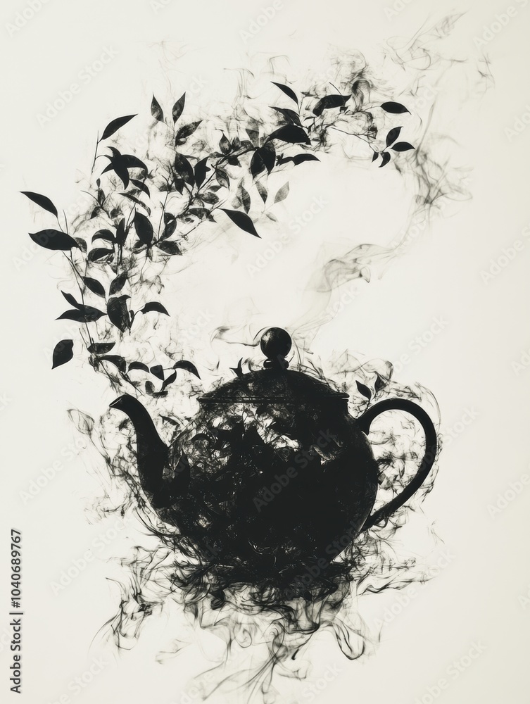 Poster a teapot silhouette morphs into delicate tea leaves, creating an enchanting abstract form that evoke