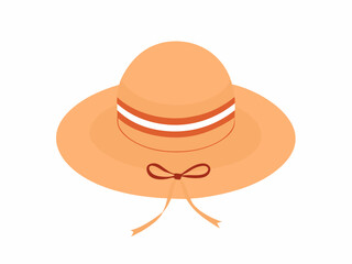 Straw hat, women beach clothing. Sun headwear for sea vacation. Summer sunhat with ribbon and brims. Head wearing, girls accessory. Flat vector illustration isolated on white background
