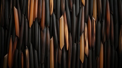 The image presents a vertical arrangement of black and brown wild rice, offering an artistic composition with geometric alignments, emphasizing texture and color.