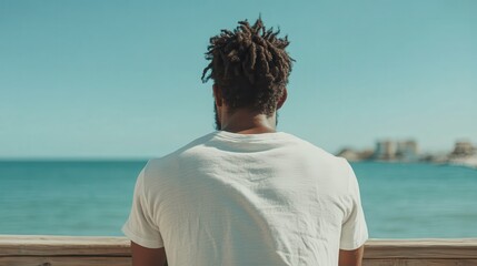 A man with his back turned, gazing at a peaceful ocean view on a clear, sunny day, symbolizing relaxation and contemplation amid nature's vast beauty.