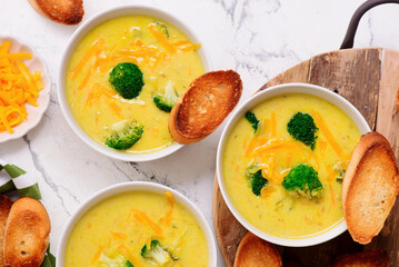 Cheese soup with vegetables and broccoli. with  croutons.style hugge.selective focus