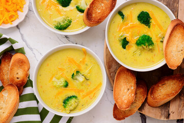 Cheese soup with vegetables and broccoli. with  croutons.style hugge.selective focus