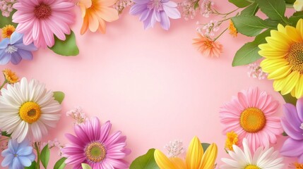 colorful flowers on a soft pink background, creating a cheerful and inviting floral border.