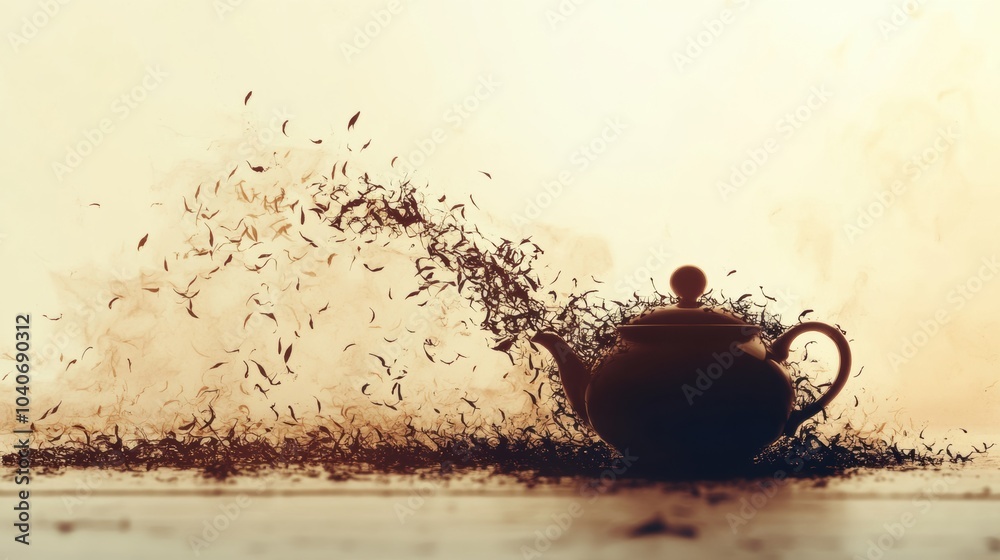 Poster The silhouette of a teapot seamlessly blends into delicate tea leaves, creating an abstract visual of transformation and serenity. Generative AI