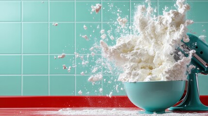 A vibrant flour explosion captured mid-air from a blue mixing bowl with a mixer, set against a stylish kitchen background, embodying dynamic energy and creativity.