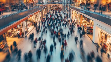 Obraz premium bustling shopping center filled with moving crowds, vibrant lights, and an atmosphere of excitement and activity.