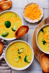 Cheese soup with vegetables and broccoli. with  croutons.style hugge.selective focus