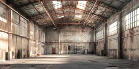 industrial warehouse with high ceilings, concrete floors, and wooden pallets arranged along the walls, featuring ample natural light from large windows.