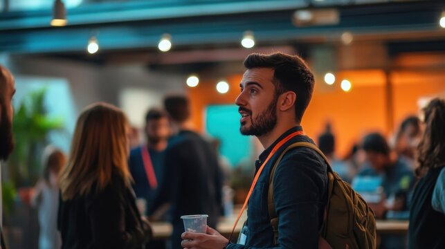 An entrepreneur networking at a vibrant startup event with innovative ideas and collaboration, Startup scene, Entrepreneurial style