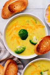 Cheese soup with vegetables and broccoli. with  croutons.style hugge.selective focus