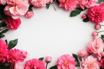 Colorful pink flowers arranged in a beautiful frame on white background.