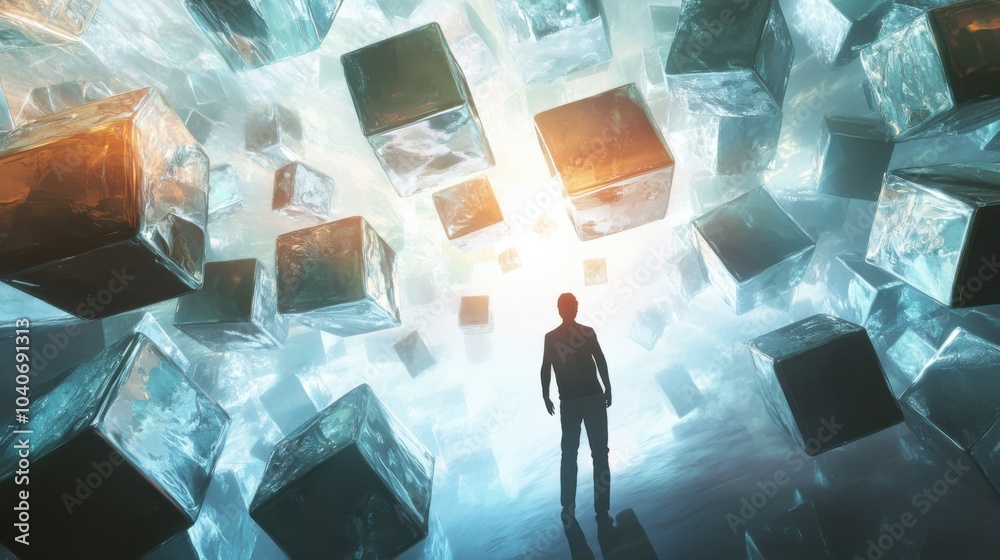 Poster An ethereal depiction of a person surrounded by floating transparent cubes, each cube containing a moment captured in time like a photograph