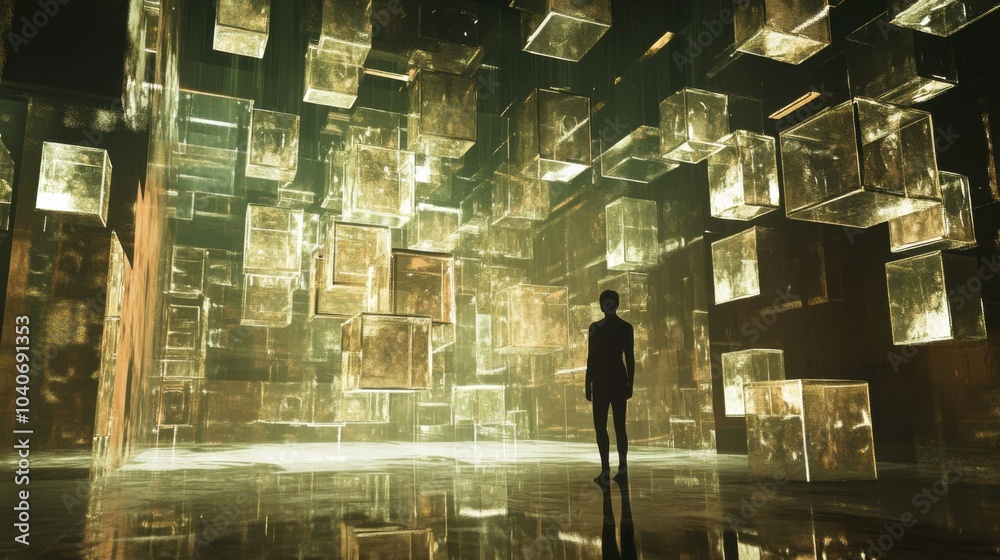 Poster An ethereal depiction of a person surrounded by floating transparent cubes, each cube containing a moment captured in time like a photograph
