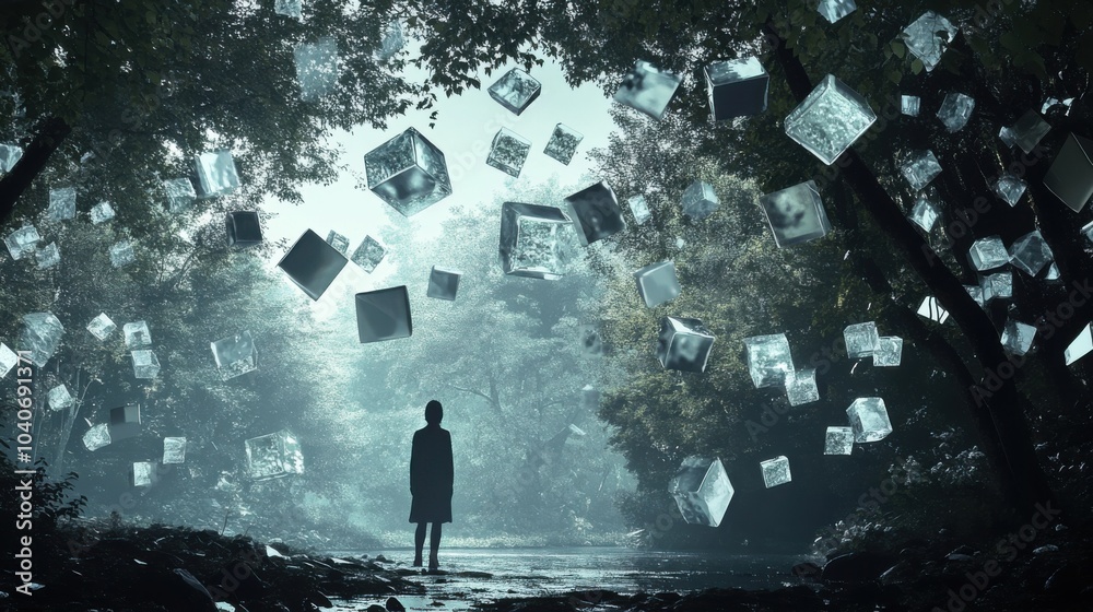 Leinwandbilder an ethereal depiction of a person surrounded by floating transparent cubes, each cube containing a m