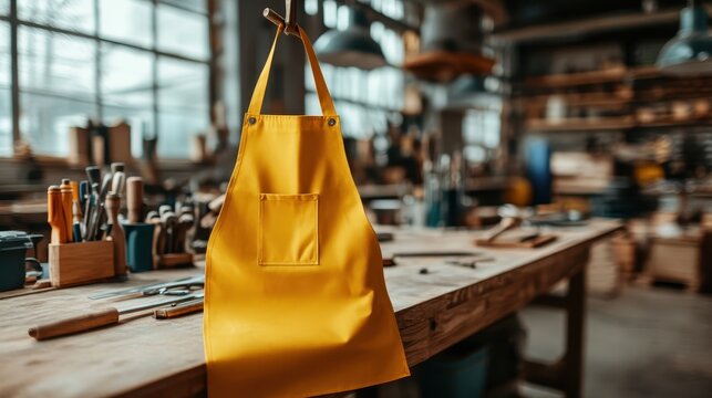 The yellow apron rests on a workbench, surrounded by woodworking tools, in a workshop setting, signifying creativity and industrious spirit in a craftsman's space. - Powered by Adobe