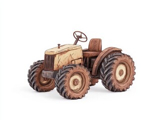 Wooden toy tractor on a white isolated background.