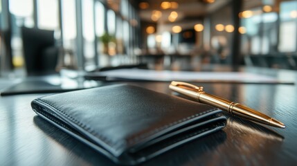 A minimalist black leather wallet rests on a polished wooden surface next to an expensive gold pen, presented in a stylish, softly lit office environment.