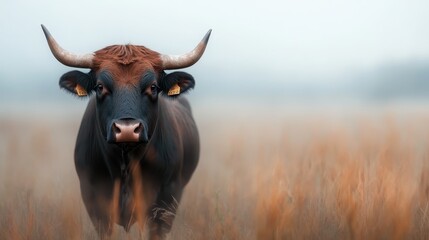 A bull stands impressively in a grassy field, exuding a powerful yet calm demeanor. The natural sunlight casts a warm glow over this rustic scene.