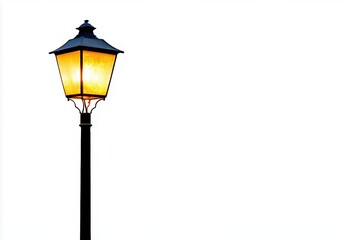 Vintage street lamp illuminating a dark street, white isolated background.