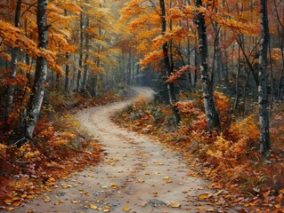 Fototapeta premium Autumn forest path, vibrant colors, lush greenery, serene environment, inviting