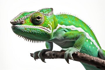 Obraz premium Vibrant green lizard perched on a branch in a bright studio setting during the day