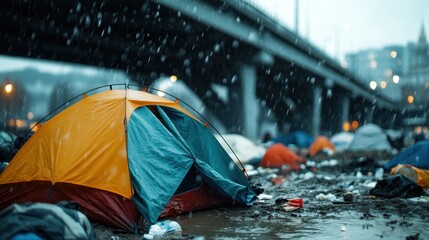 A vibrant orange and blue tent stands out amidst the rainy backdrop of a cityscape under a large bridge, highlighting urban struggle and resilience.