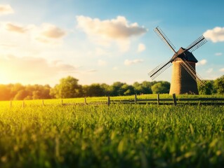 Scenic windmill surrounded by lush green fields under a bright blue sky.