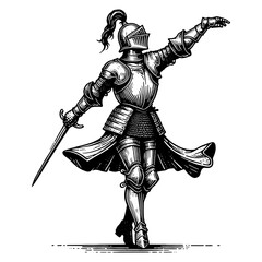 Obraz premium knight in full armor dancing joyfully, medieval imagery with playful, humorous elements sketch engraving generative ai PNG illustration. Scratch board imitation. Black and white image.