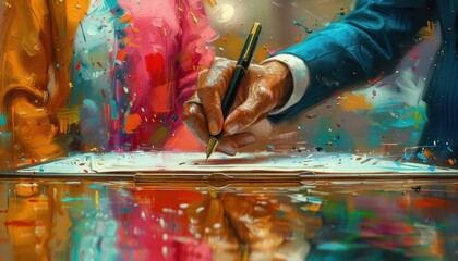 Obraz premium Business agreement signing, professional attire, vibrant colors, office setting, dynamic
