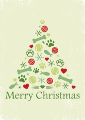 A Christmas tree made of pet items and snowflakes on grunge background. 5x7 ratio, vertical card design in red and greens
