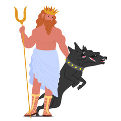 Hades Ancient Greek Deity With A Royal Crown And A Trident Accompanied By A Mythical Three-Headed Dog